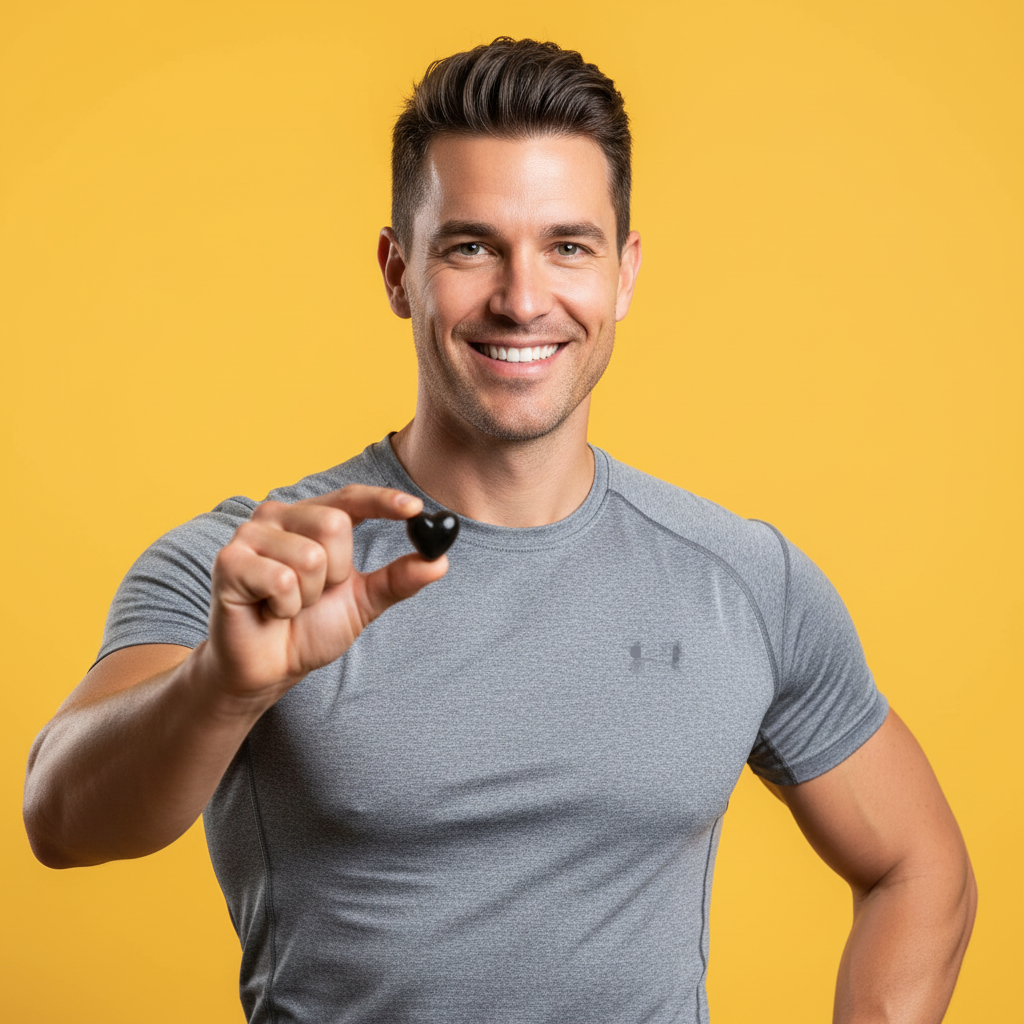 Hombre sonriente sosteniendo gomita de Shilajit en forma de corazón, fondo amarillo vibrante