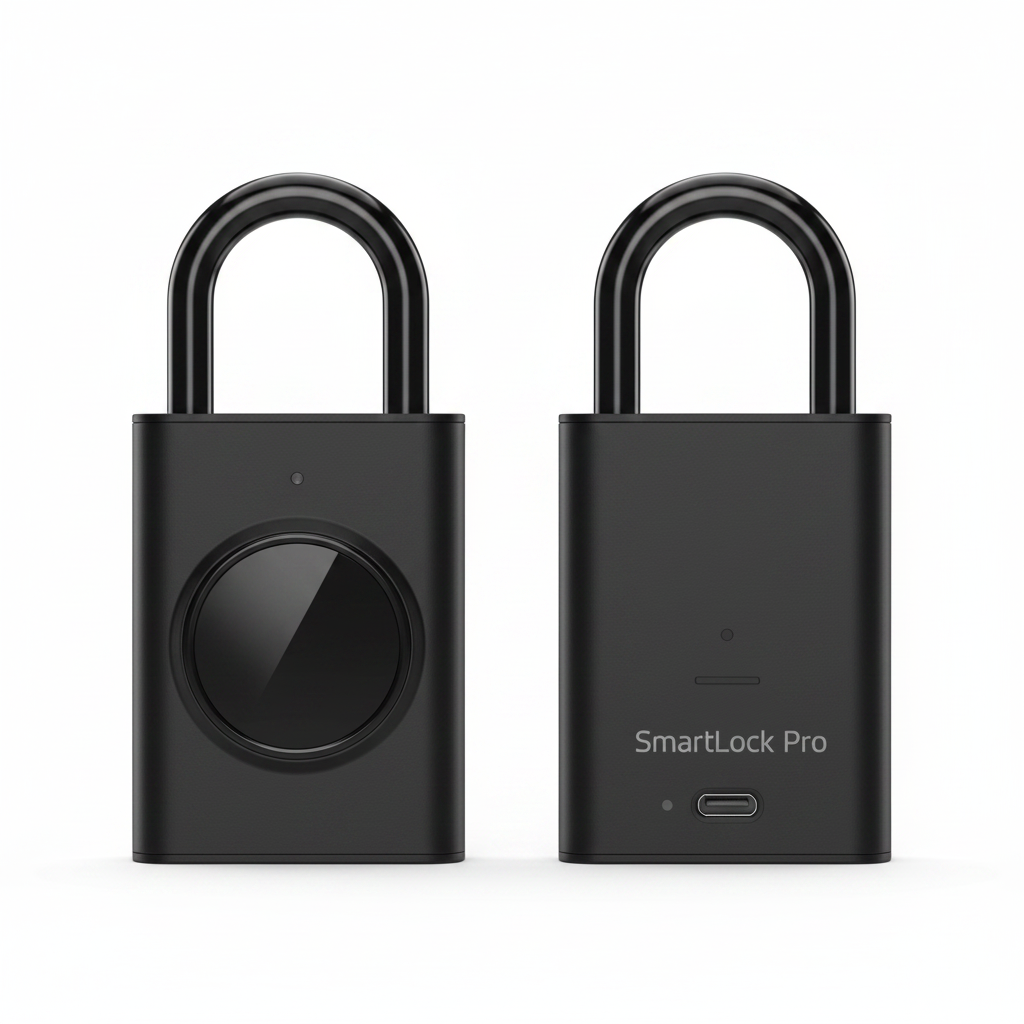 SmartLock Pro candado digital inteligente negro, vista frontal y trasera sobre fondo blanco