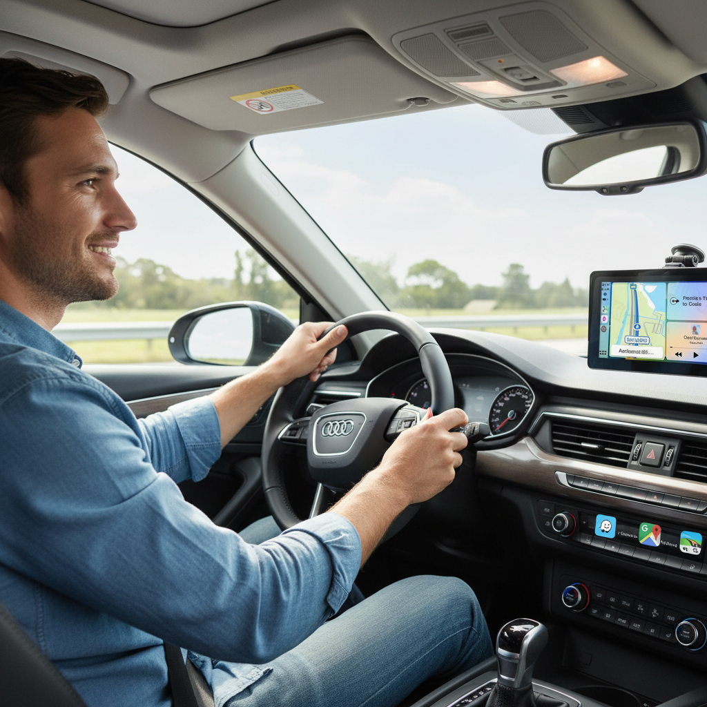 Conductor sonriente usando CARPRO con Apple CarPlay en auto moderno