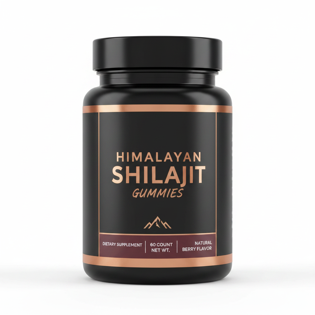 Frasco de Himalayan Shilajit Gummies sobre fondo blanco, suplemento natural de energía