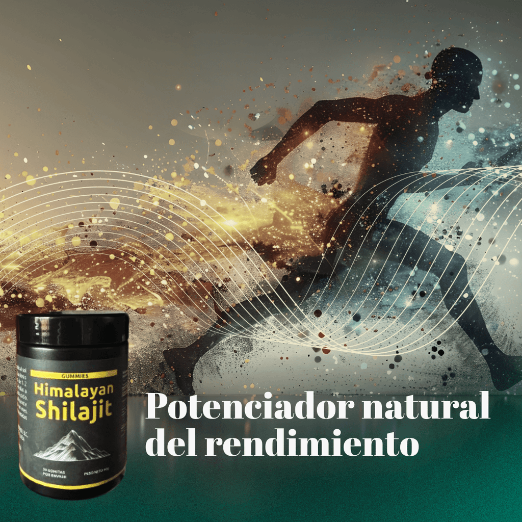 Shilajit Vital Gummies - Energía Ancestral en Cada Bocado, potencia natural del rendimiento en un frasco junto a un corredor.