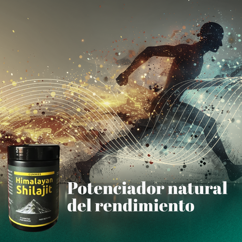 Shilajit Vital Gummies - Energía Ancestral en Cada Bocado, potencia natural del rendimiento en un frasco junto a un corredor.